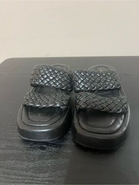 Woven Double-Strap Black Leather Sandal